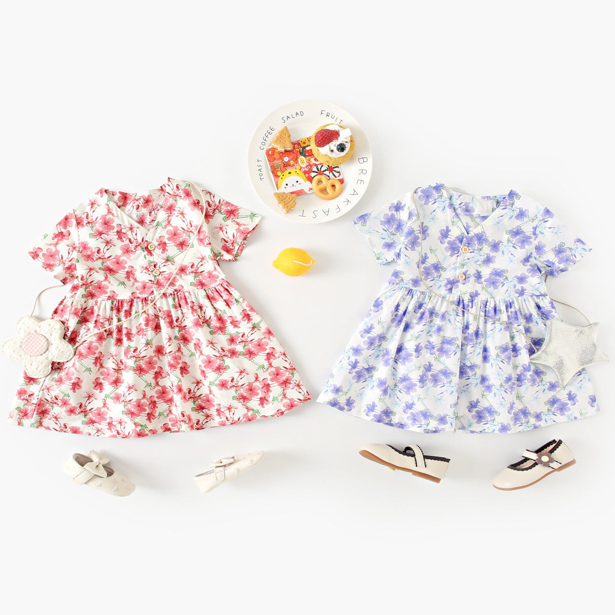 Summer Arrival Baby Girls Elegant Floral Pattern Short Sleeves V Neck Dress-0